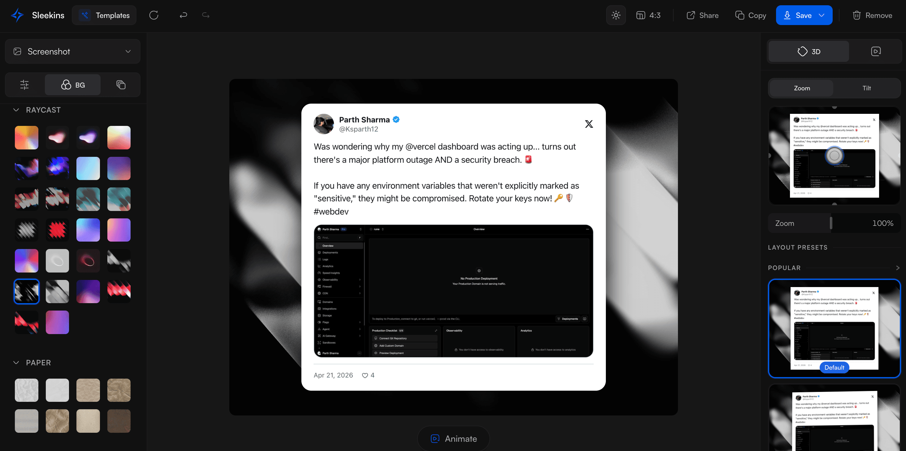 Tweet styled on a Sleekins canvas with backgrounds and 3D layout presets
